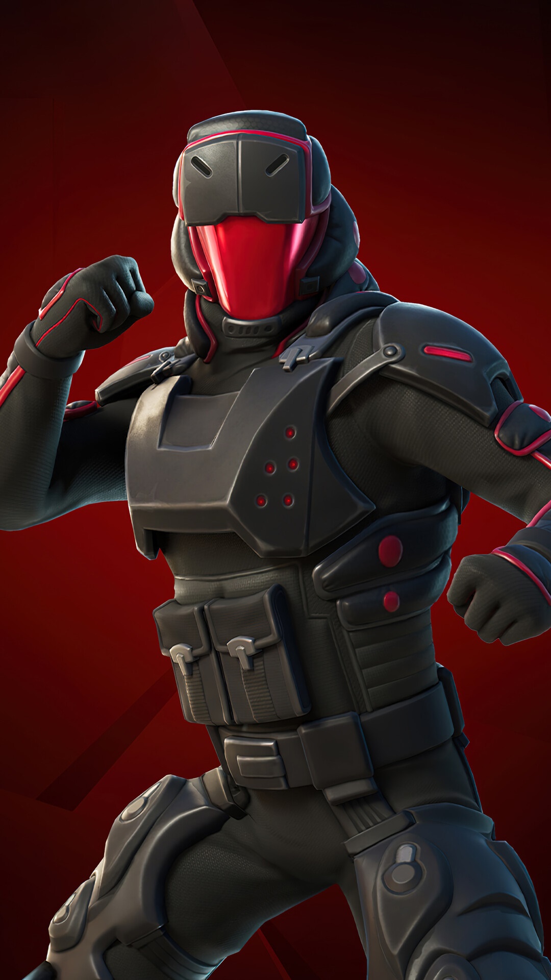 Fortnite character in black and red combat gear HD Phone Wallpaper