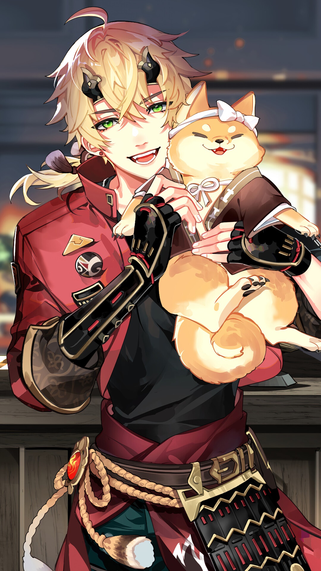 Thoma from Genshin Impact holding a Shiba Inu HD Phone Wallpaper