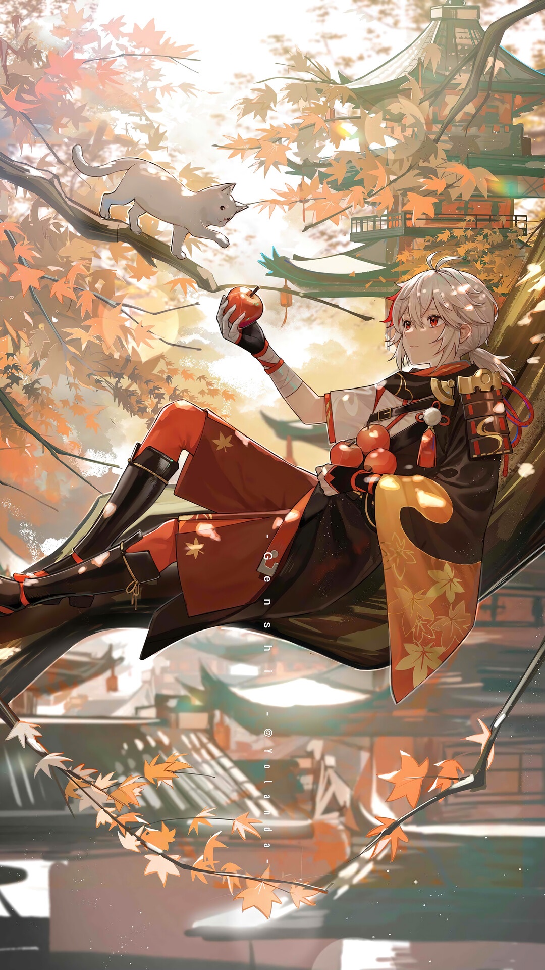 Kazuha from Genshin Impact with a cat and apples HD Phone Wallpaper