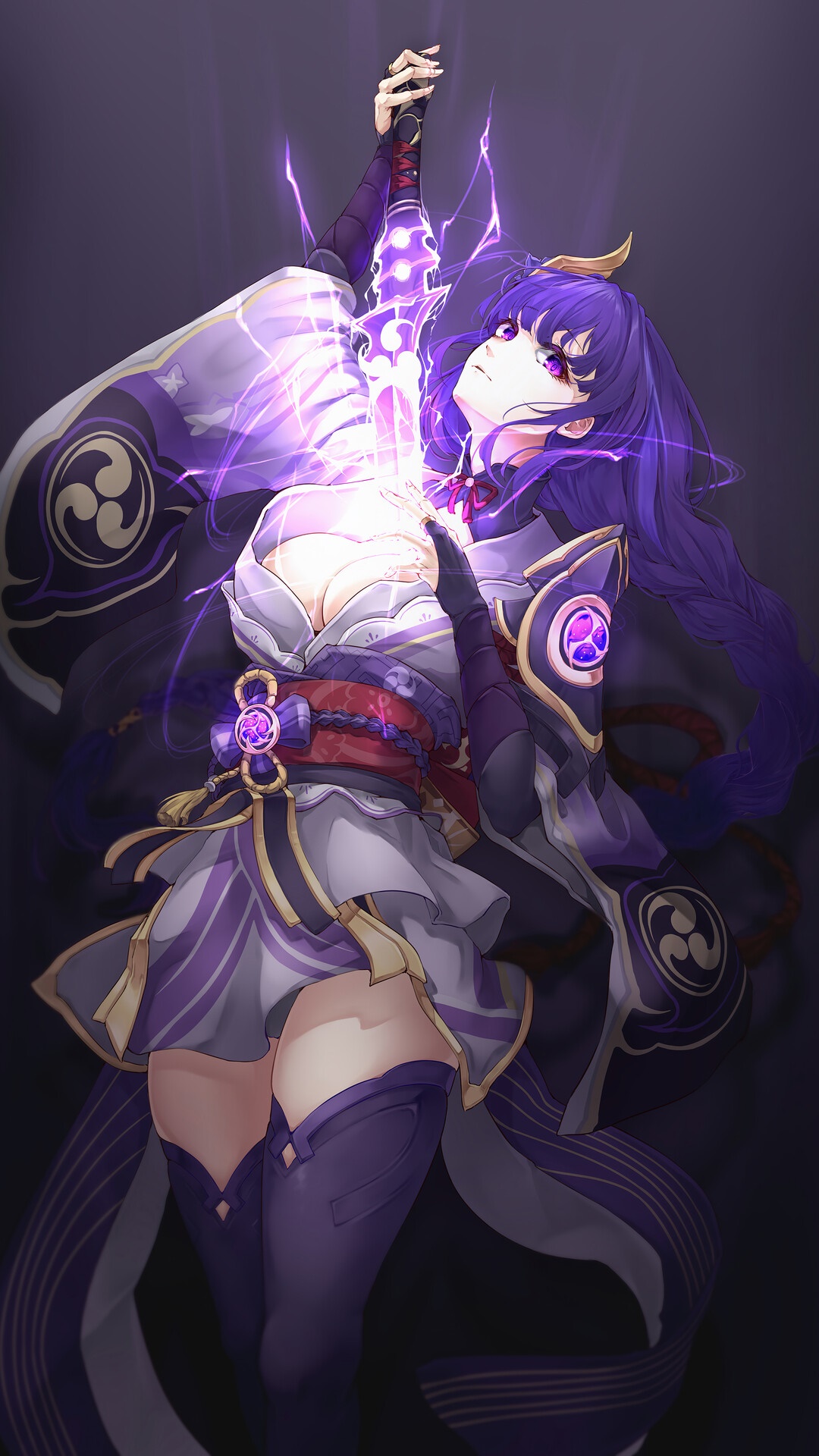 Raiden Shogun from Genshin Impact holding a glowing sword HD Phone Wallpaper