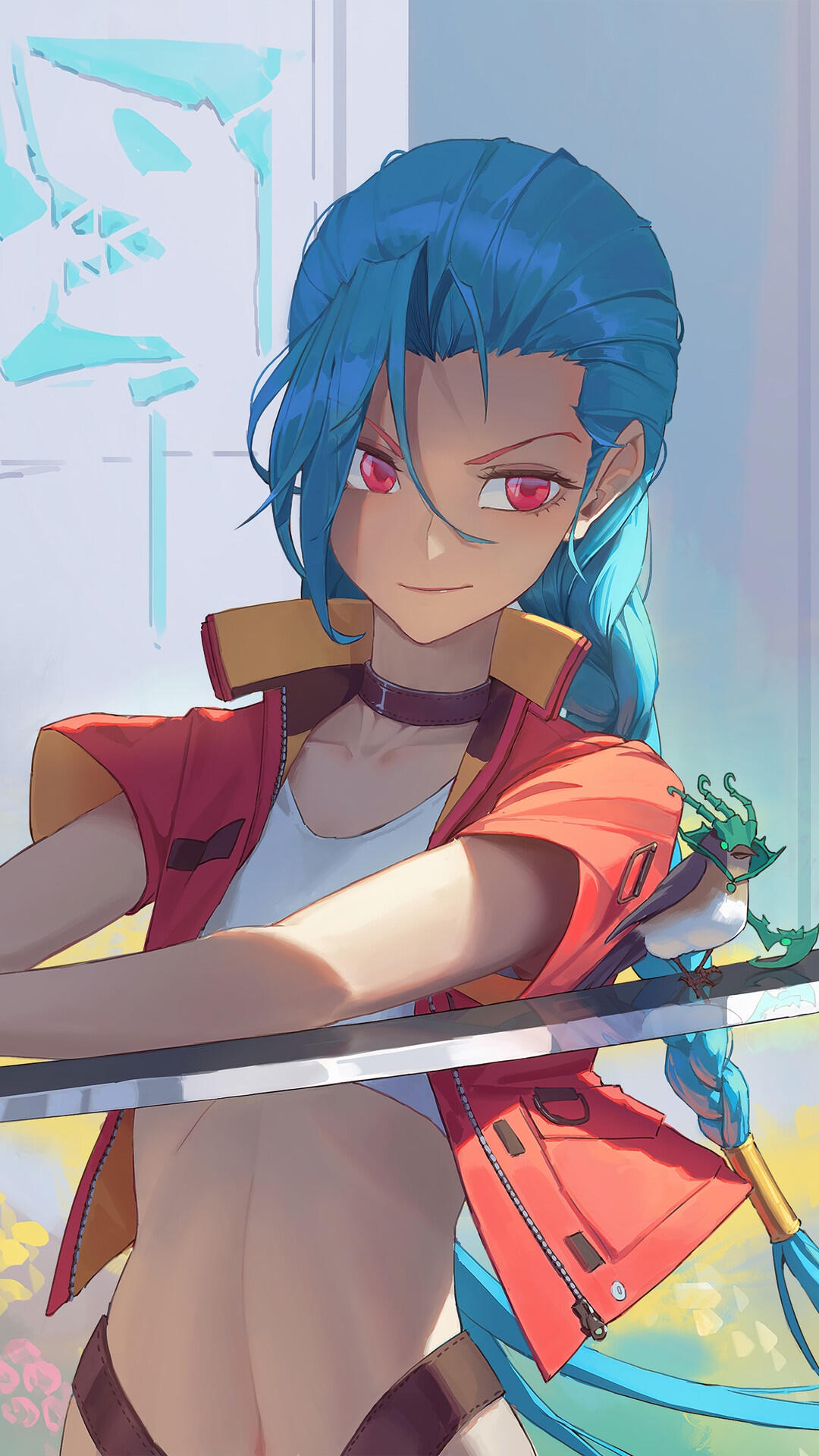 Jinx from League of Legends holding a sword HD Phone Wallpaper