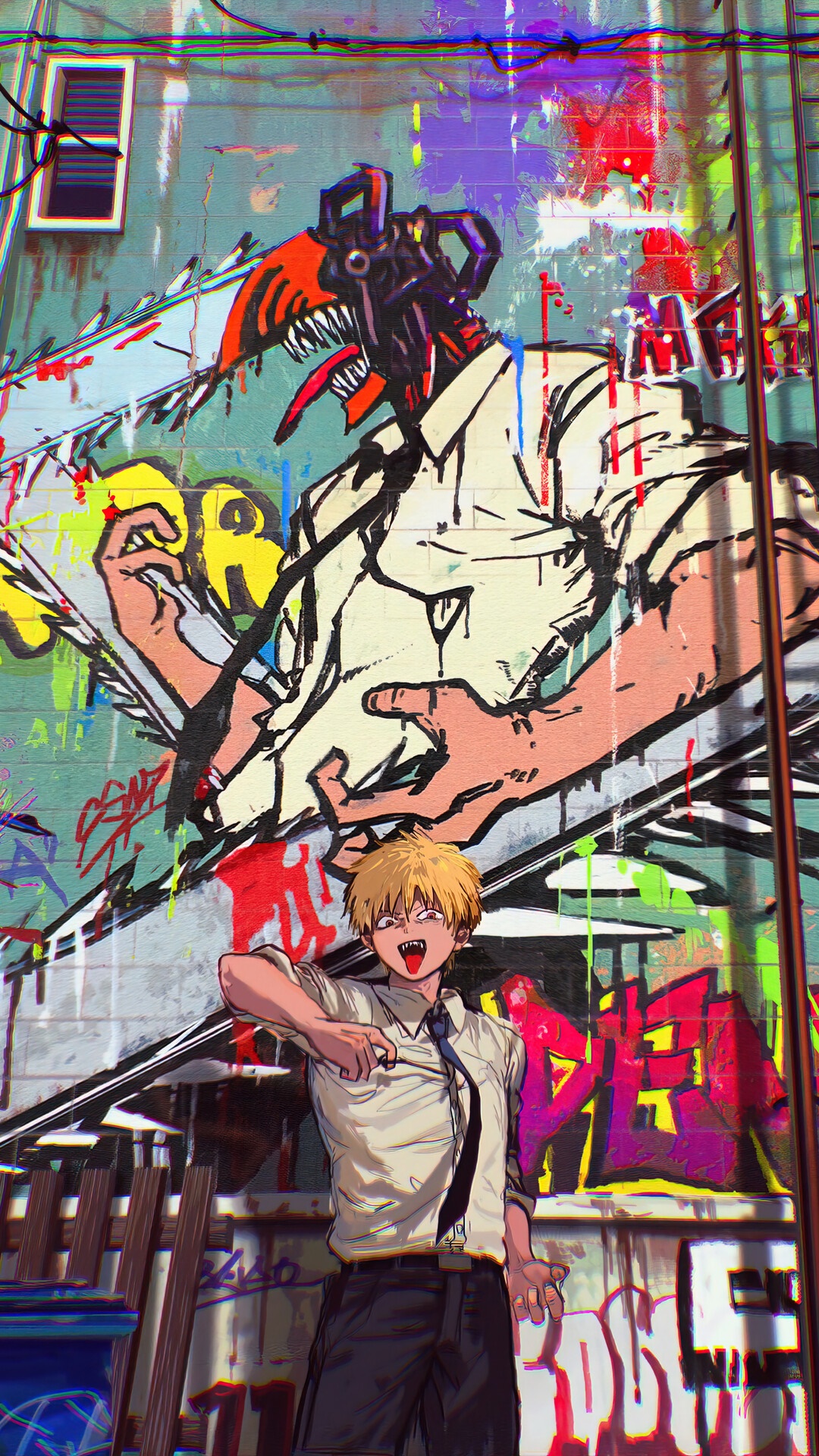 Denji from Chainsaw Man graffiti mural HD Phone Wallpaper