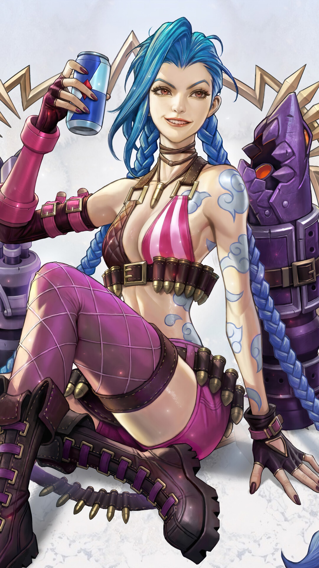 Jinx from League of Legends holding a Red Bull HD Phone Wallpaper