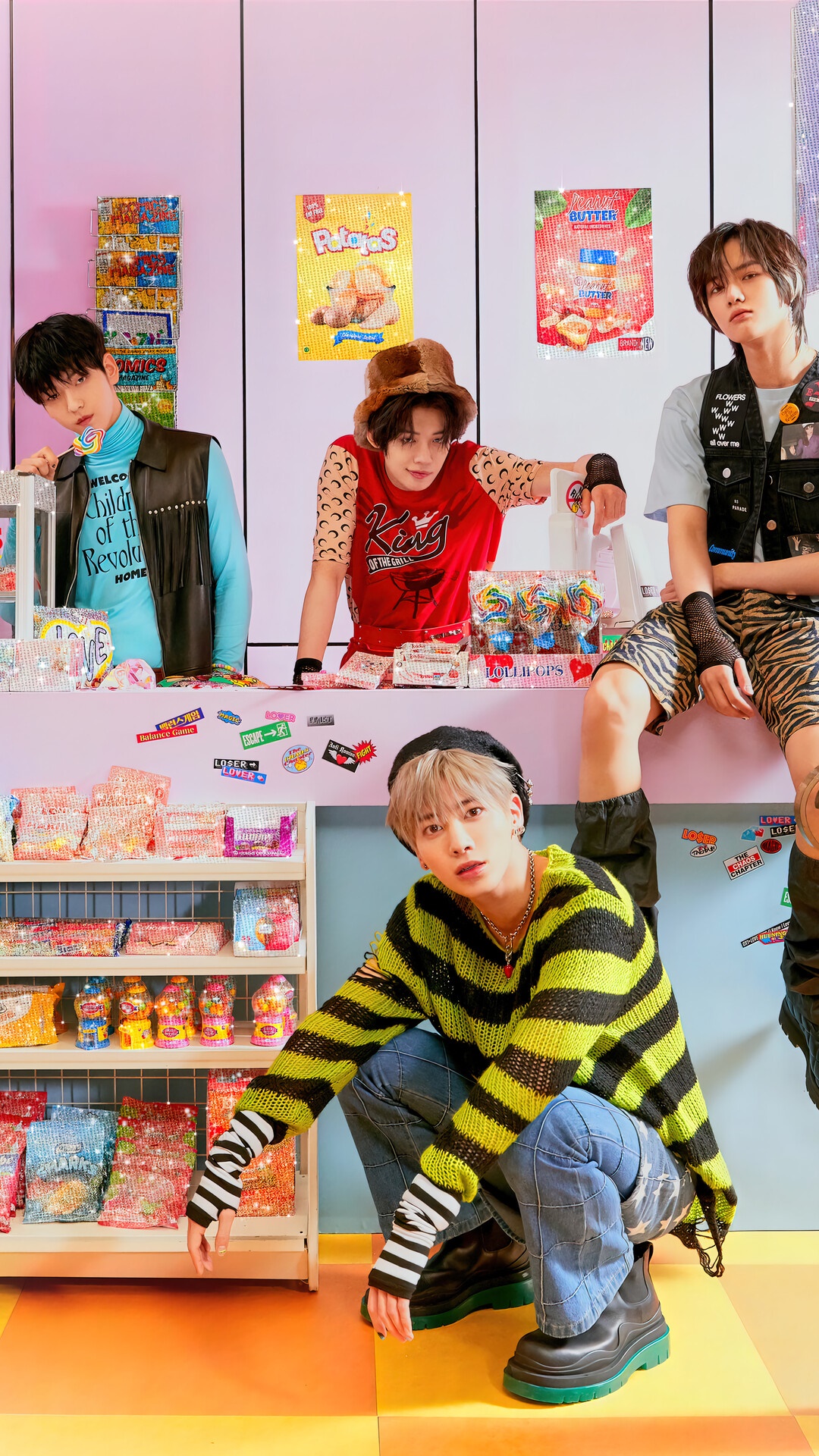 TXT members in a candy store setting HD Phone Wallpaper