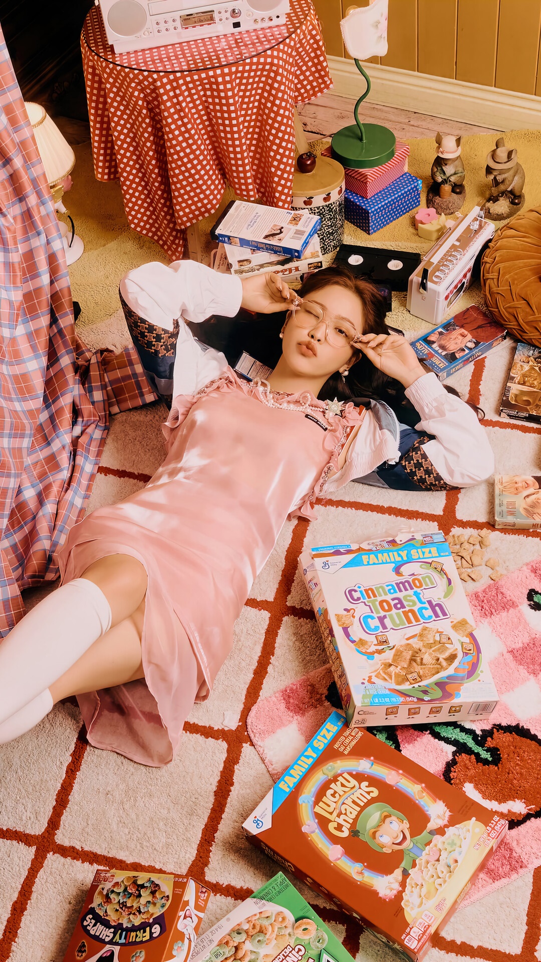 Yeri from Red Velvet lying on the floor with cereal boxes HD Phone Wallpaper