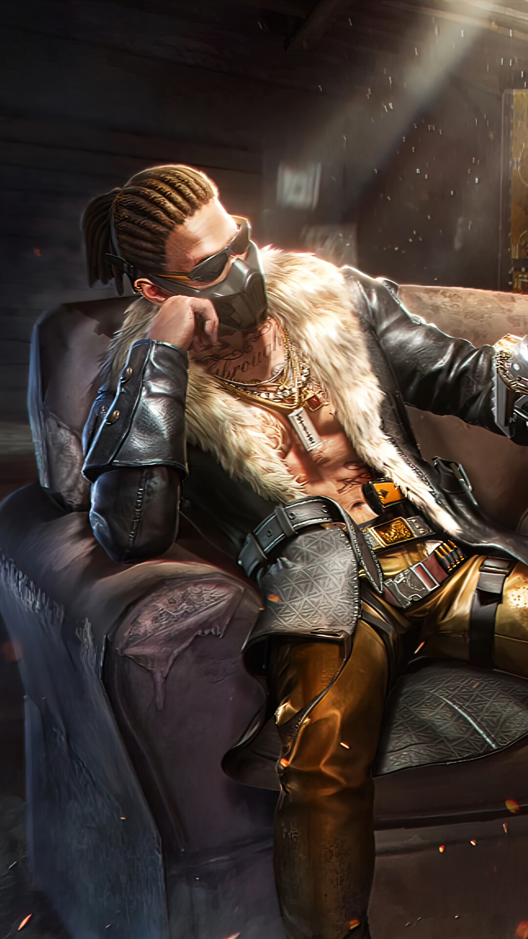 Man with mask and chains sitting on couch HD Phone Wallpaper