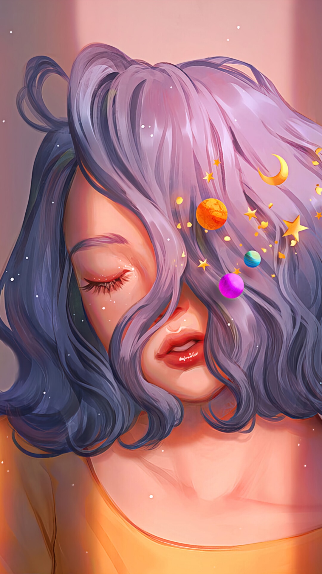 Girl with purple hair and planets in her hair HD Phone Wallpaper
