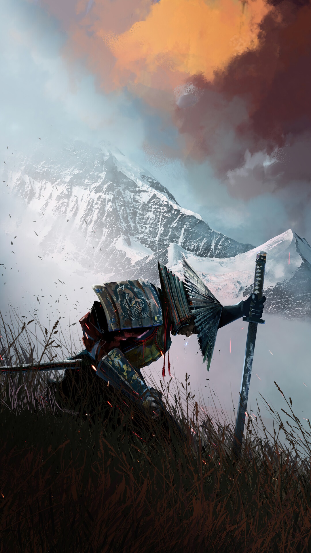 Samurai Warrior Kneeling with Katana in Mountain Landscape HD Phone Wallpaper