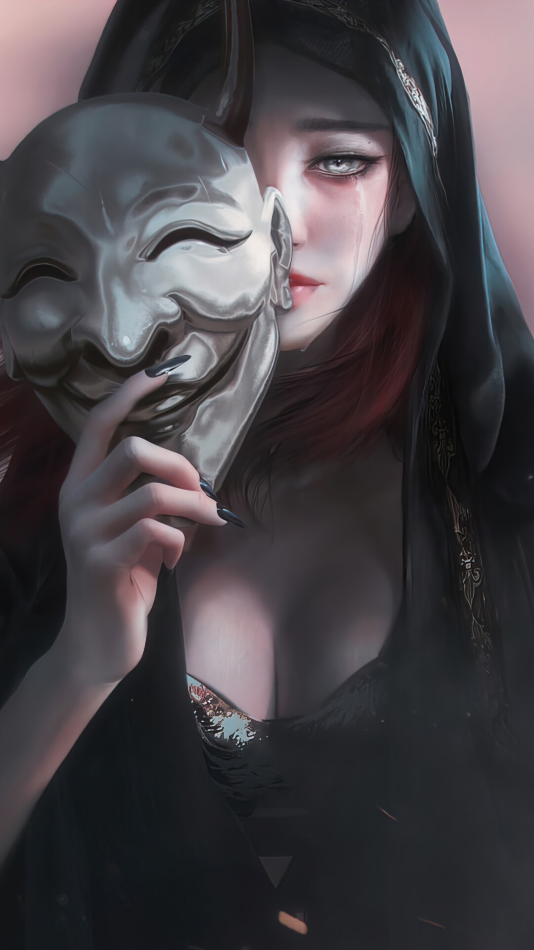 Girl in a black hood holding a mask HD Phone Wallpaper