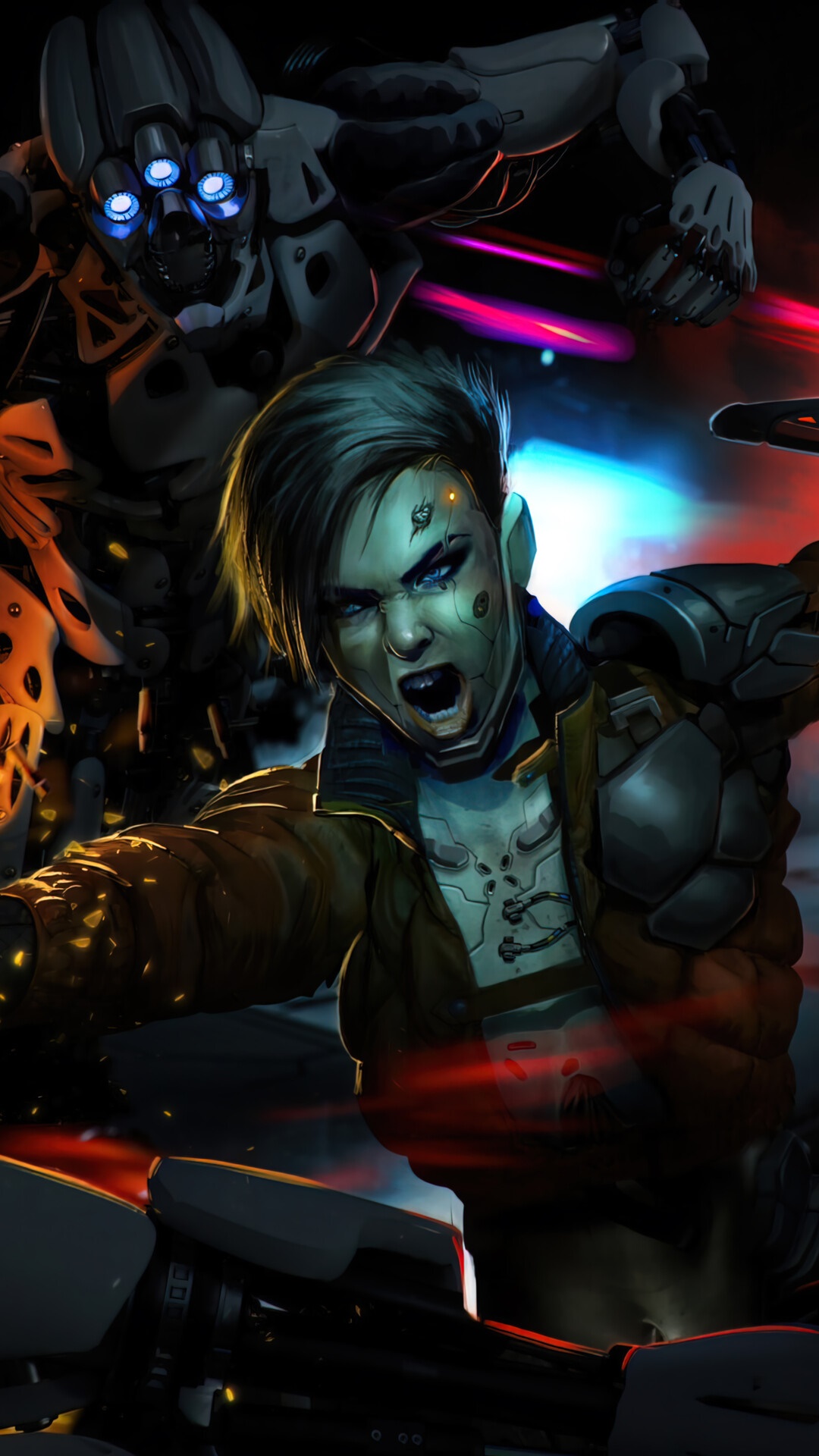 Cyberpunk girl fighting a robot HD Phone Wallpaper