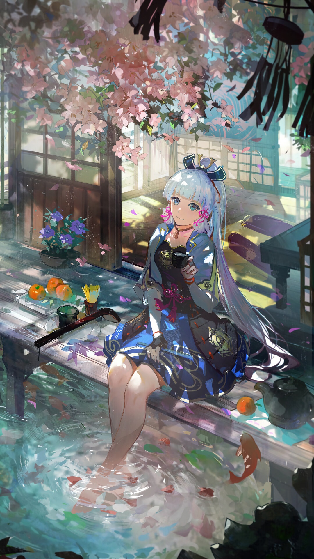 Kamisato Ayaka from Genshin Impact relaxing by water HD Phone Wallpaper