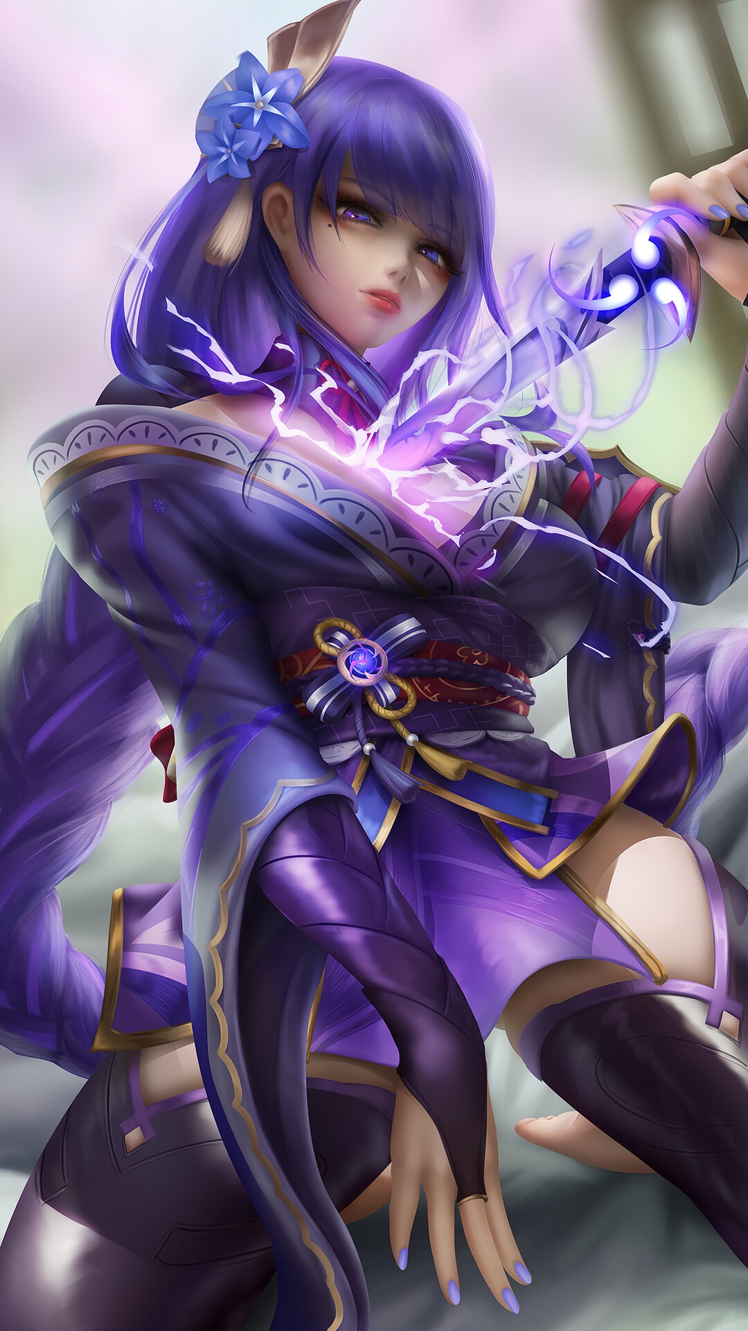 Raiden Shogun from Genshin Impact with sword HD Phone Wallpaper