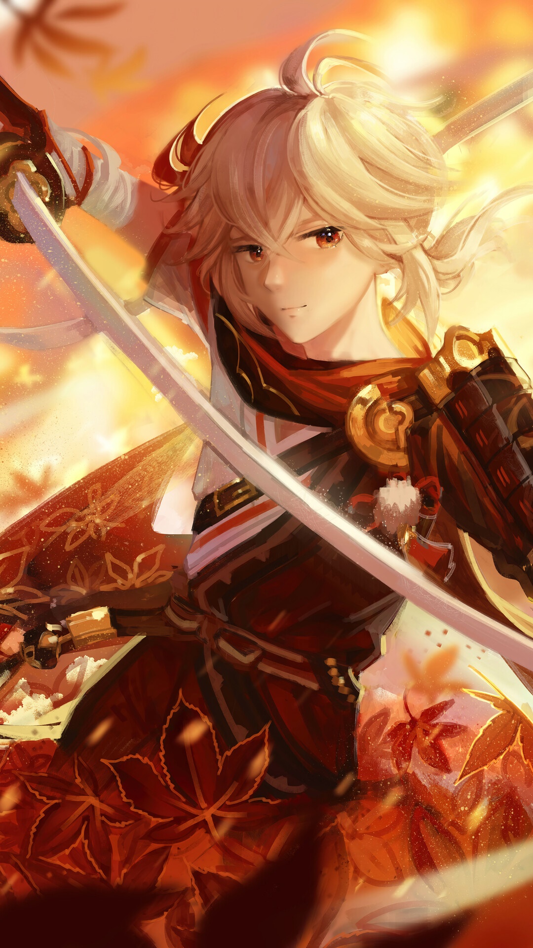 Kazuha from Genshin Impact with swords HD Phone Wallpaper
