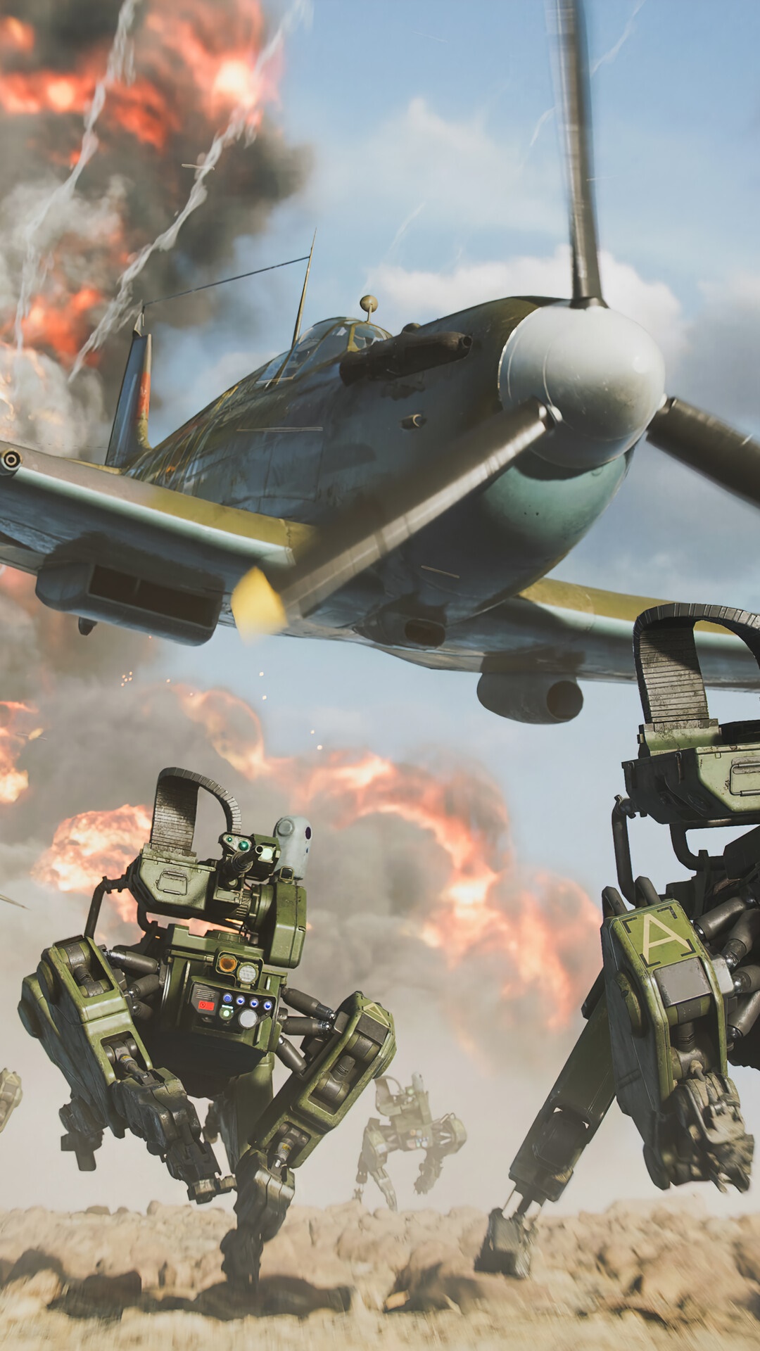 Battlefield 2042 robot dogs and airplane in battle HD Phone Wallpaper