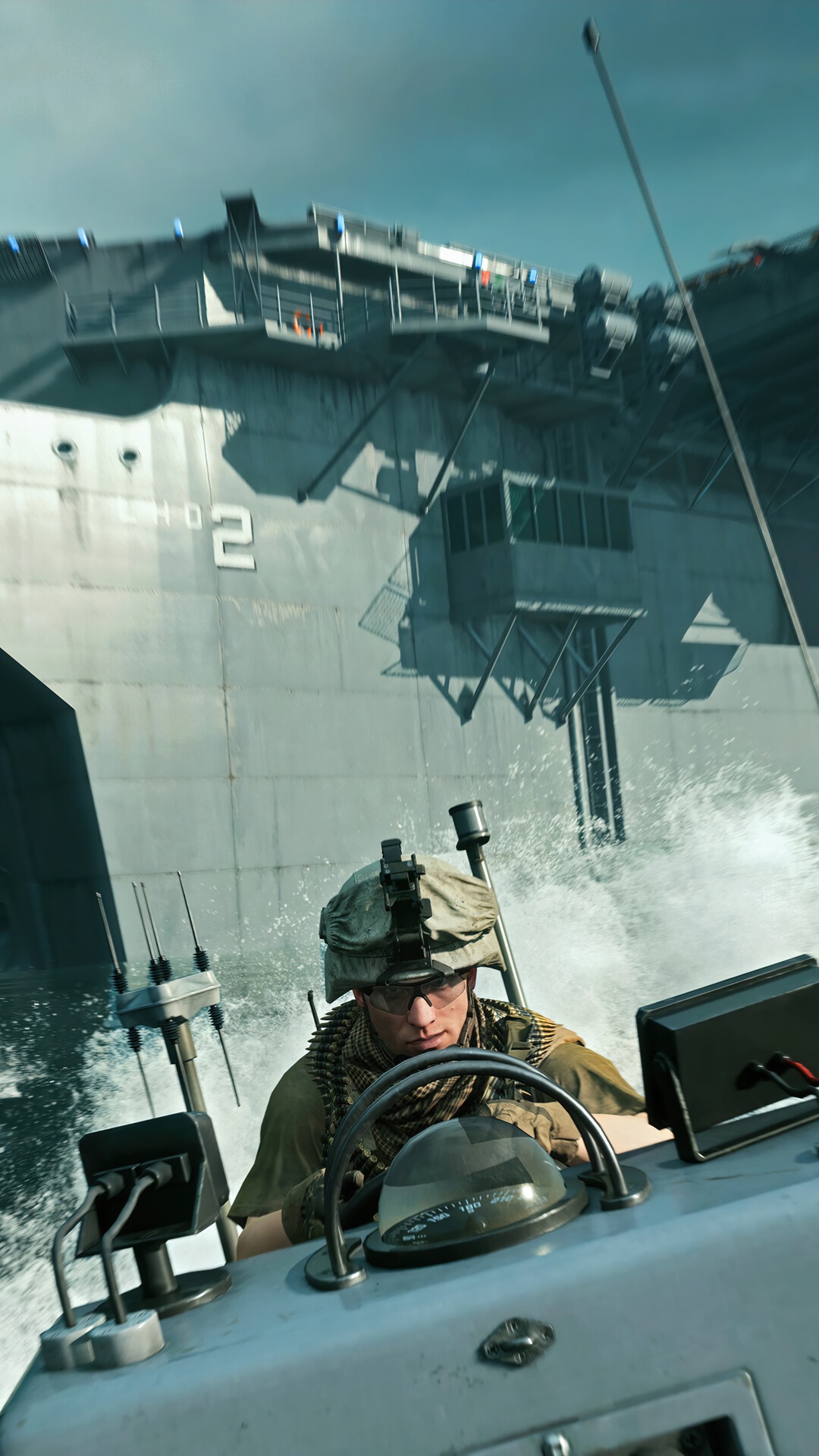 Soldier in boat approaching a warship in Battlefield 2042 HD Phone Wallpaper