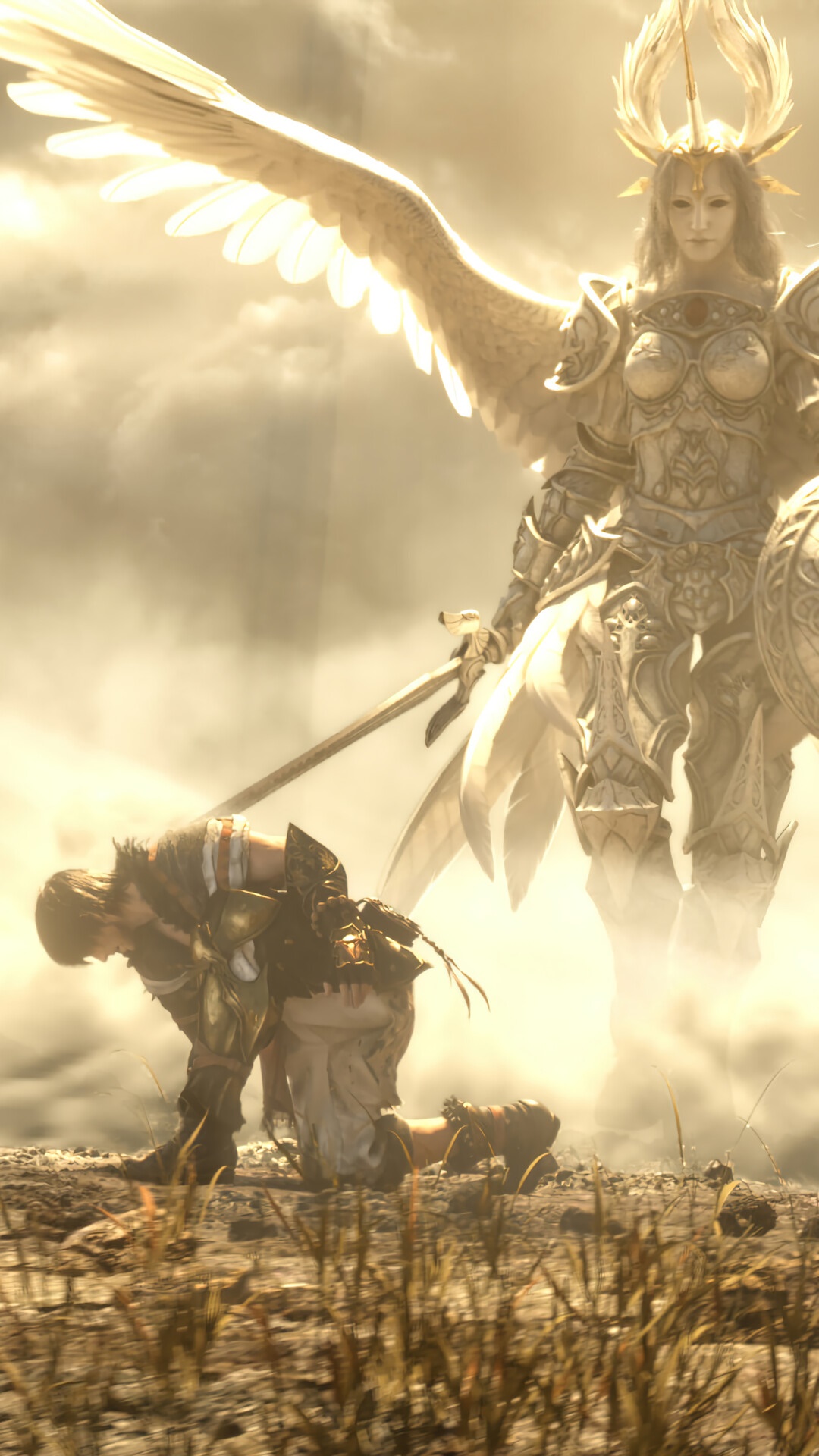 Angel warrior and kneeling figure in Final Fantasy XIV HD Phone Wallpaper
