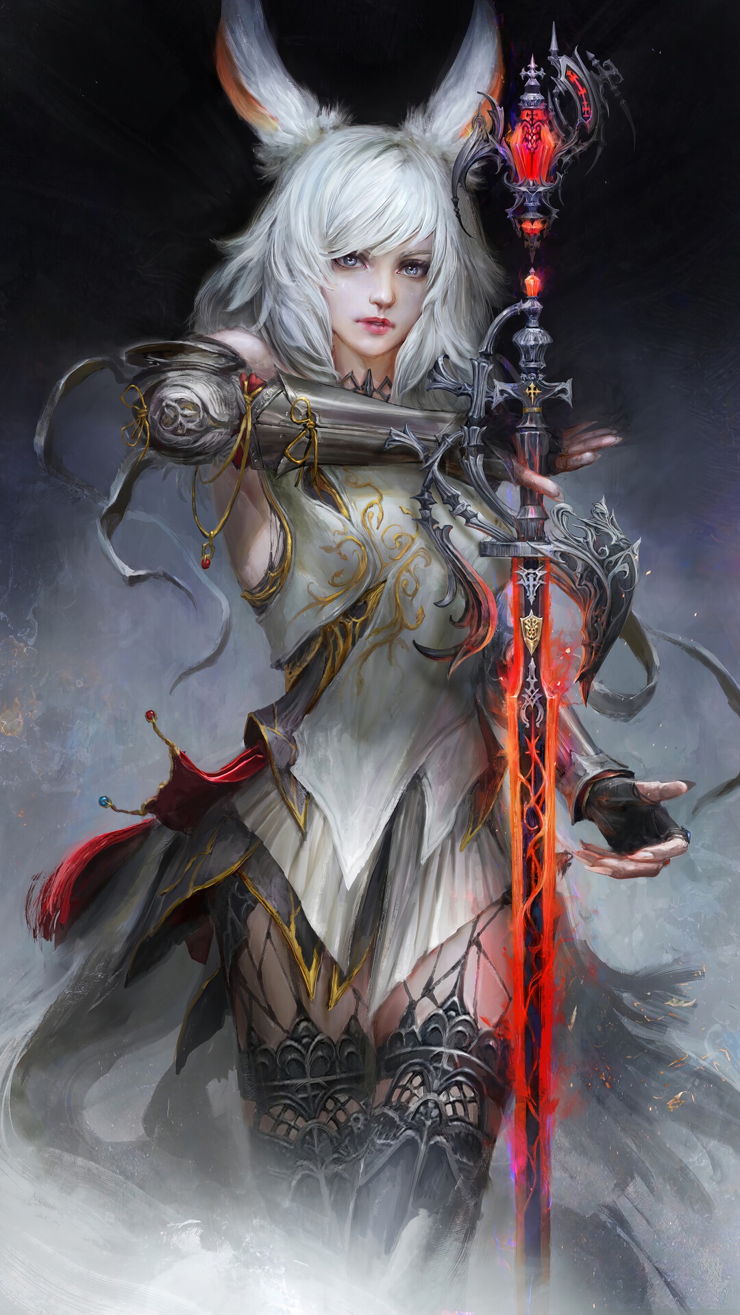 Miqo'te Warrior with Glowing Sword from Final Fantasy XIV HD Phone Wallpaper