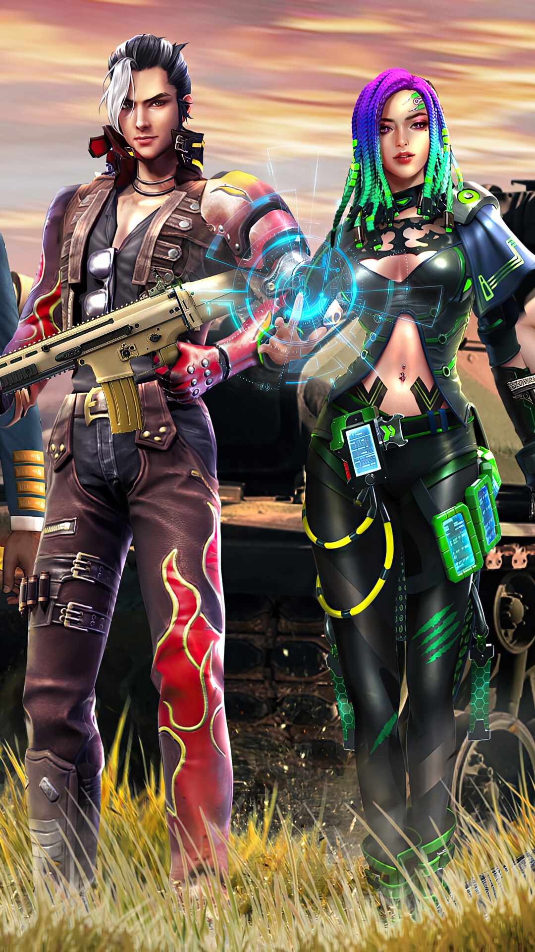 Characters from Garena Free Fire with a rifle HD Phone Wallpaper