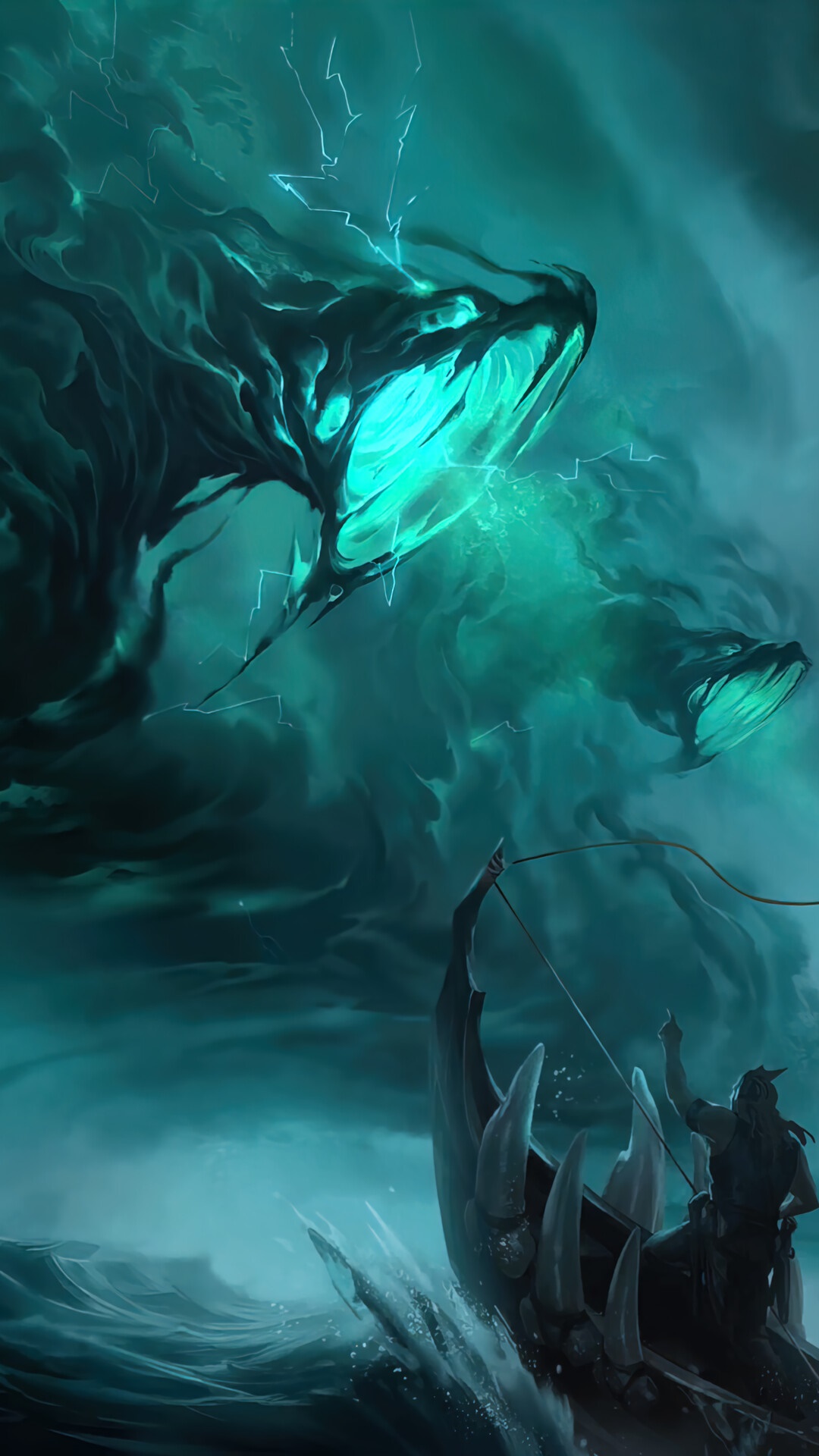 Sea monsters and a boat from Legends of Runeterra HD Phone Wallpaper