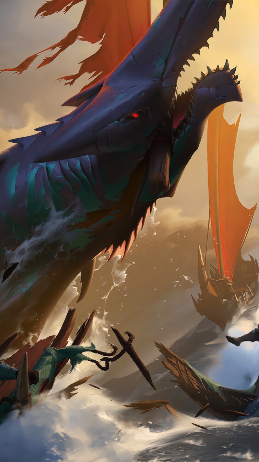 Sea Serpent attacking ships in Legends of Runeterra HD Phone Wallpaper