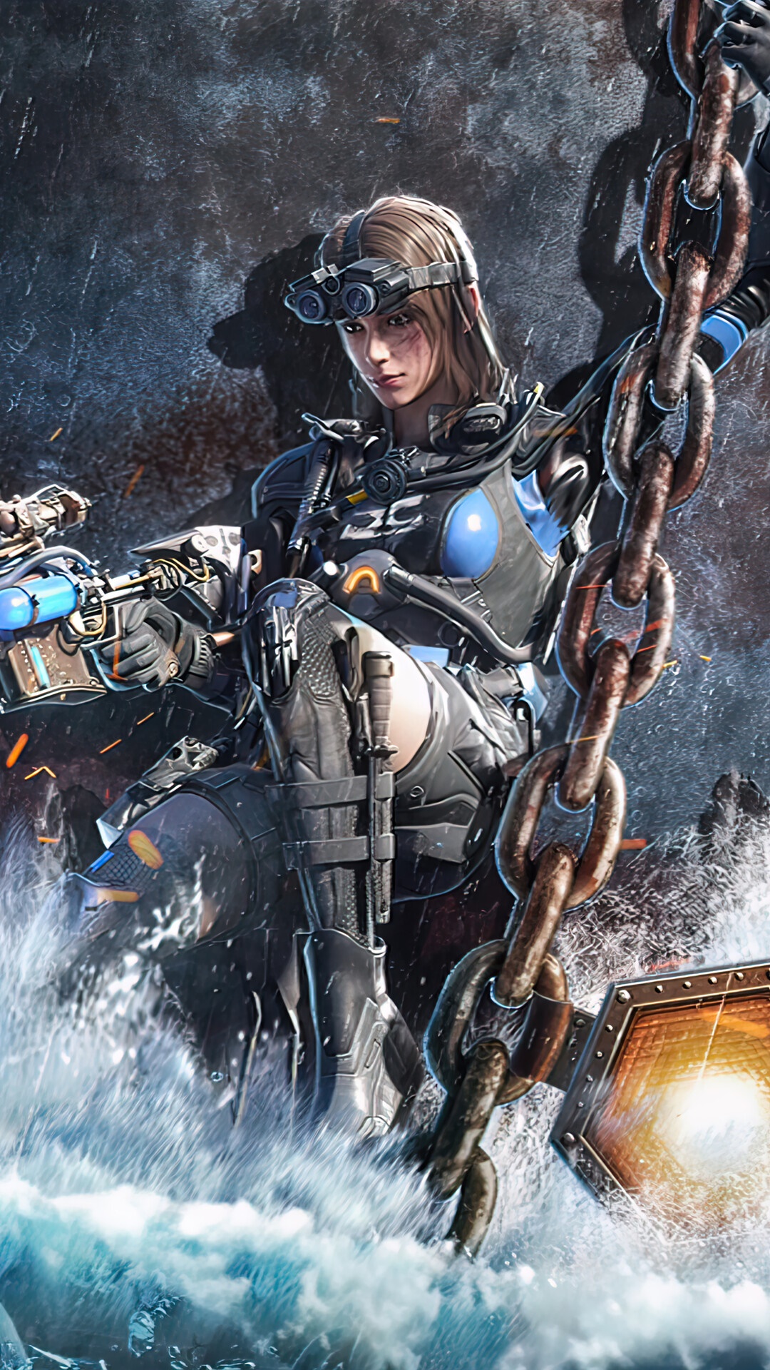 Female soldier with goggles and weapon in water HD Phone Wallpaper