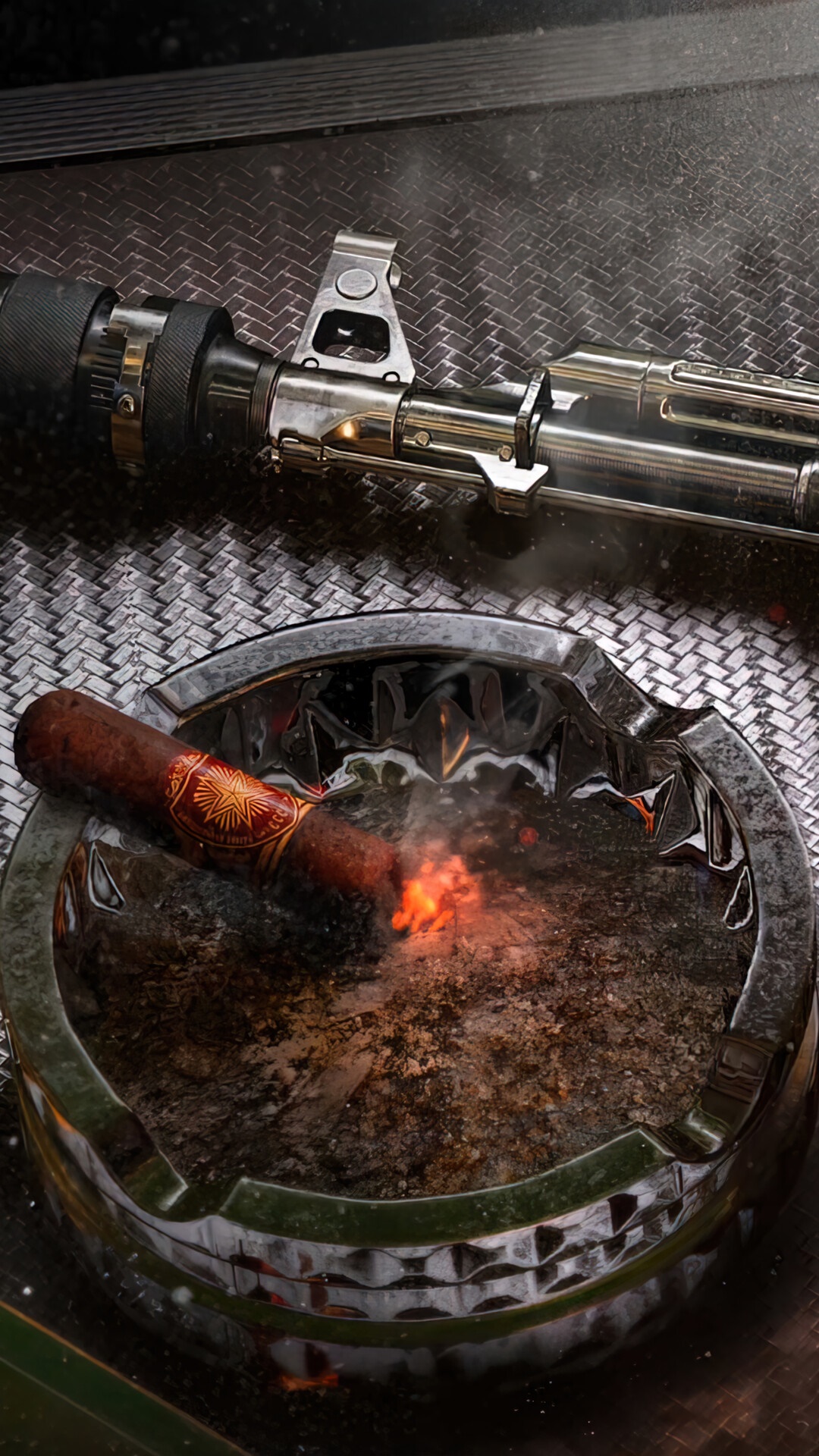 AK-47 rifle and burning cigar in ashtray HD Phone Wallpaper