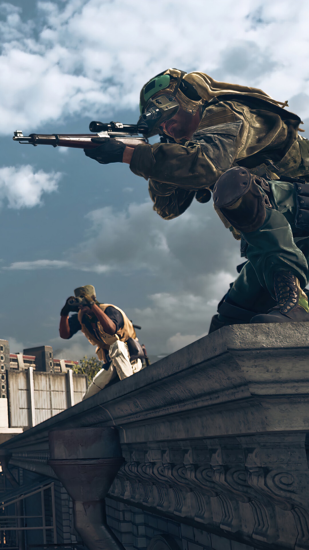 Soldiers aiming rifles on a building rooftop HD Phone Wallpaper