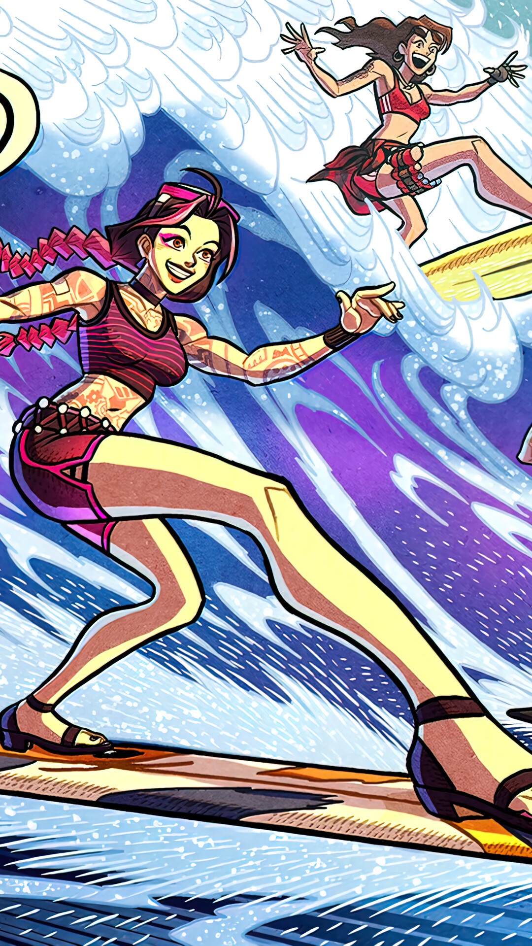 Two women surfing on waves HD Phone Wallpaper