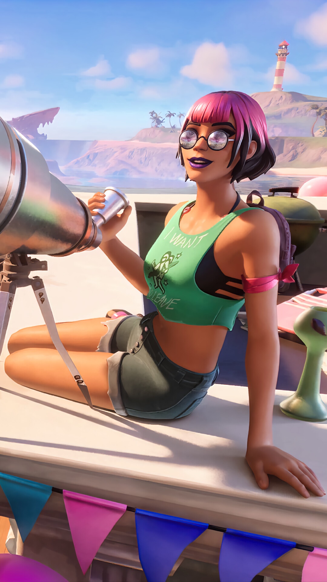 Fortnite character with pink hair and glasses at the beach HD Phone Wallpaper