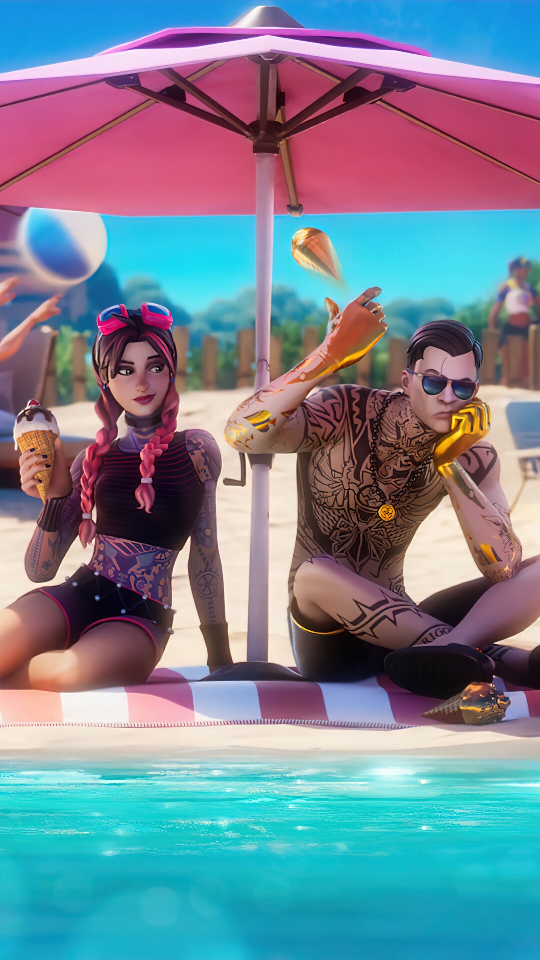 Fortnite characters on a beach under an umbrella HD Phone Wallpaper
