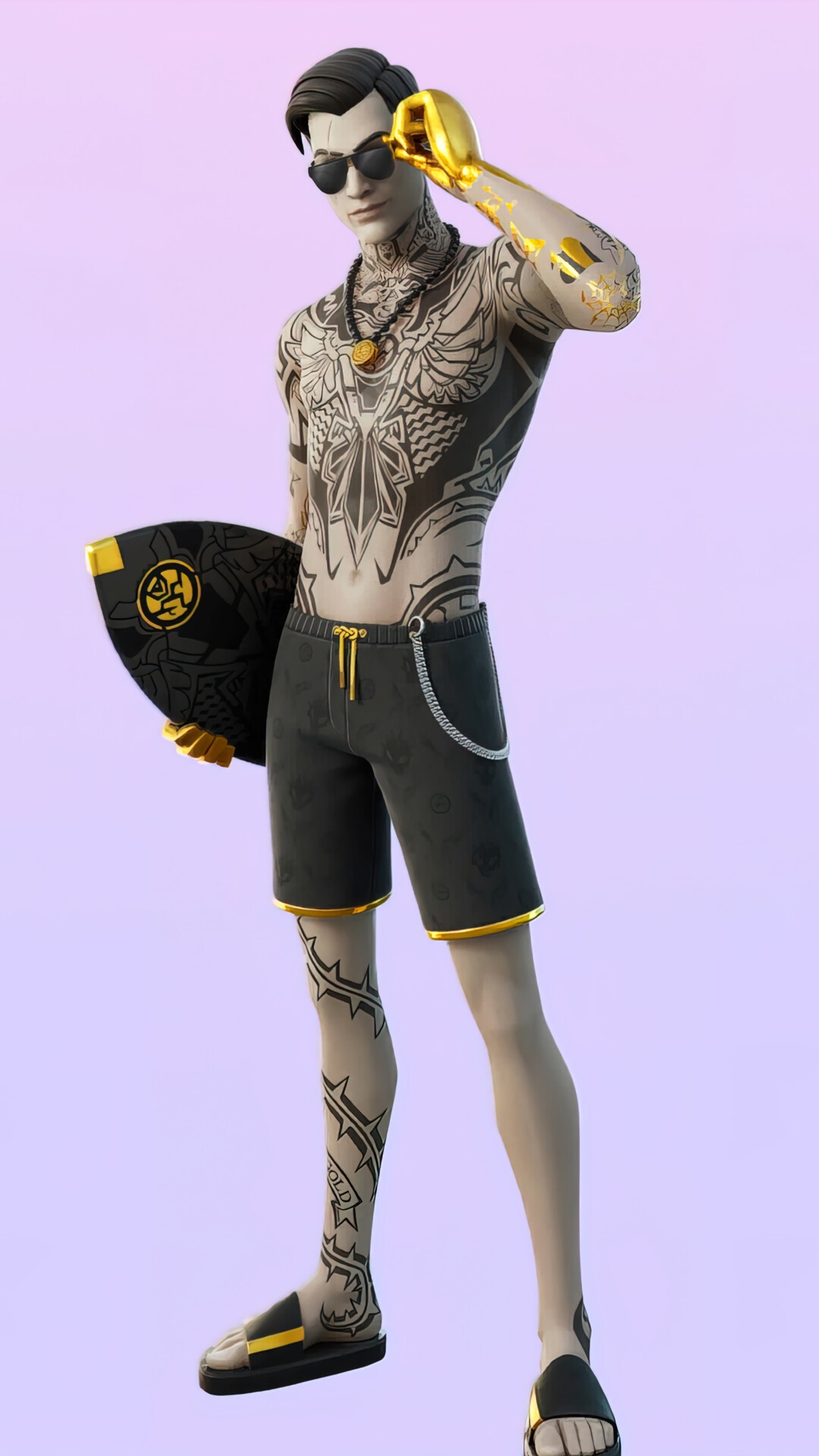 Midas from Fortnite holding a surfboard HD Phone Wallpaper