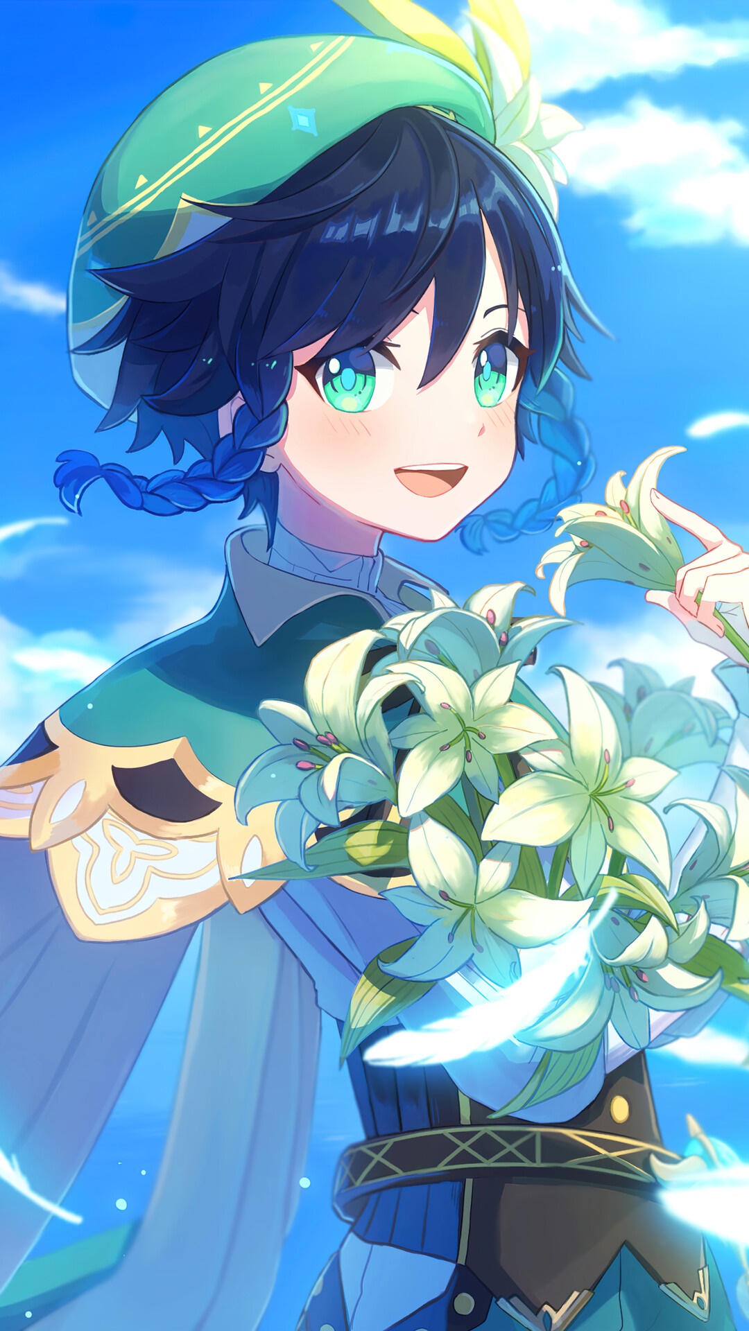 Venti from Genshin Impact holding lilies HD Phone Wallpaper