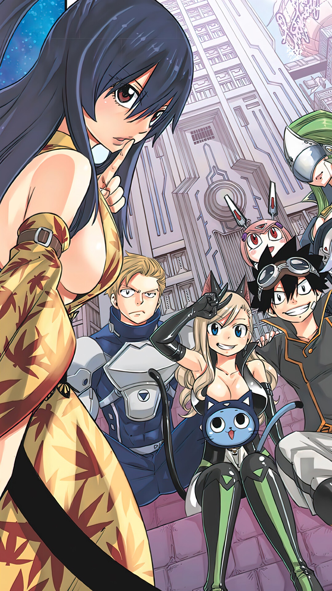 Edens Zero characters in a futuristic city HD Phone Wallpaper