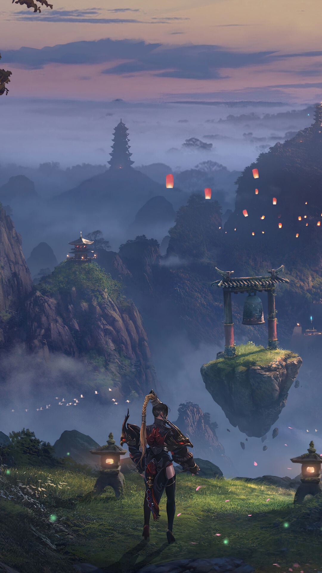 Fantasy landscape with floating islands and lanterns from Lost Ark HD Phone Wallpaper