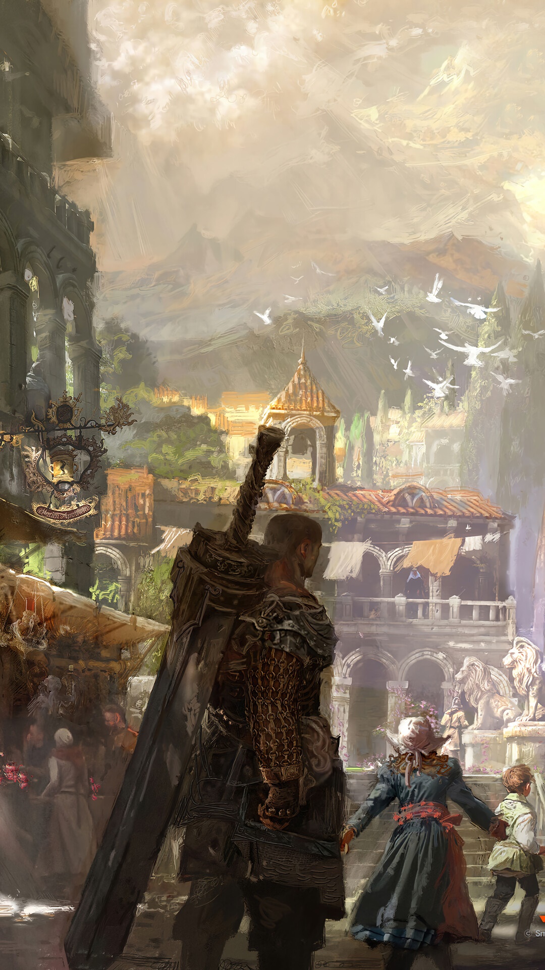 Lost Ark fantasy city with a warrior HD Phone Wallpaper