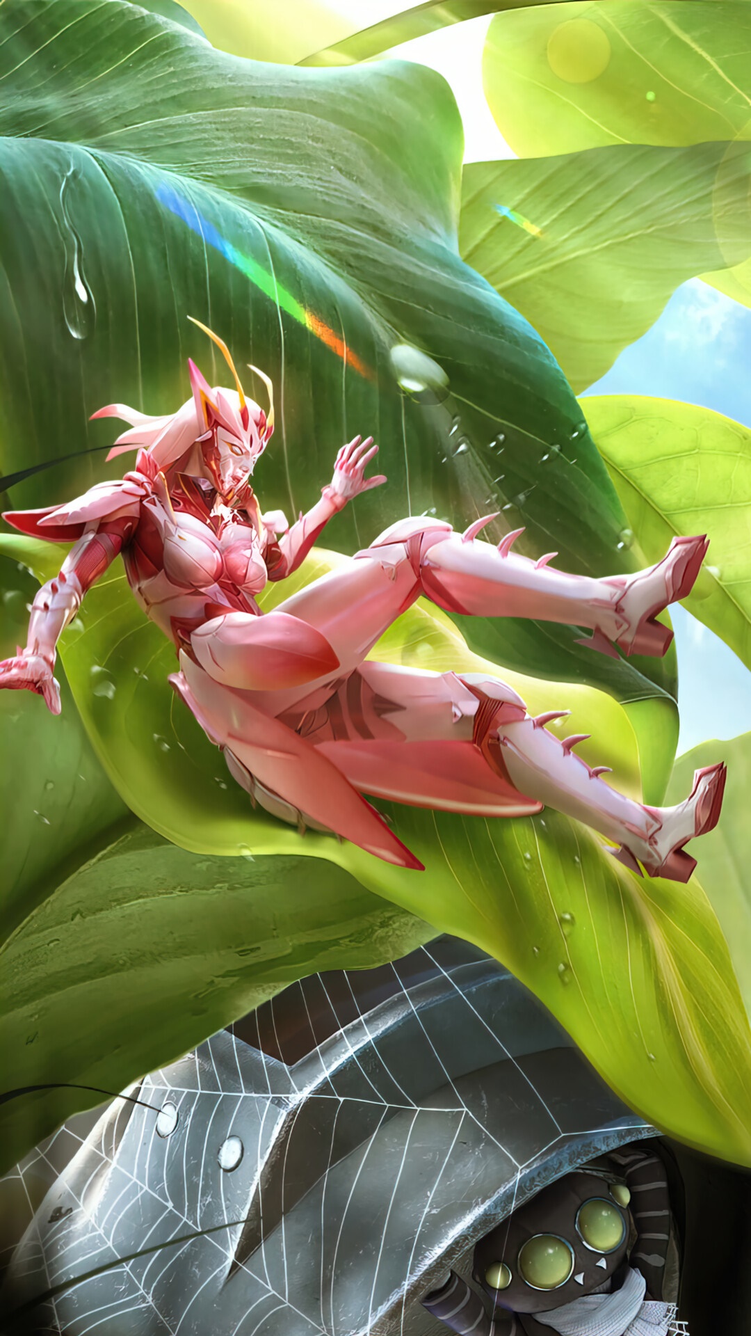 Pink mantis-like character on a leaf with a spider HD Phone Wallpaper
