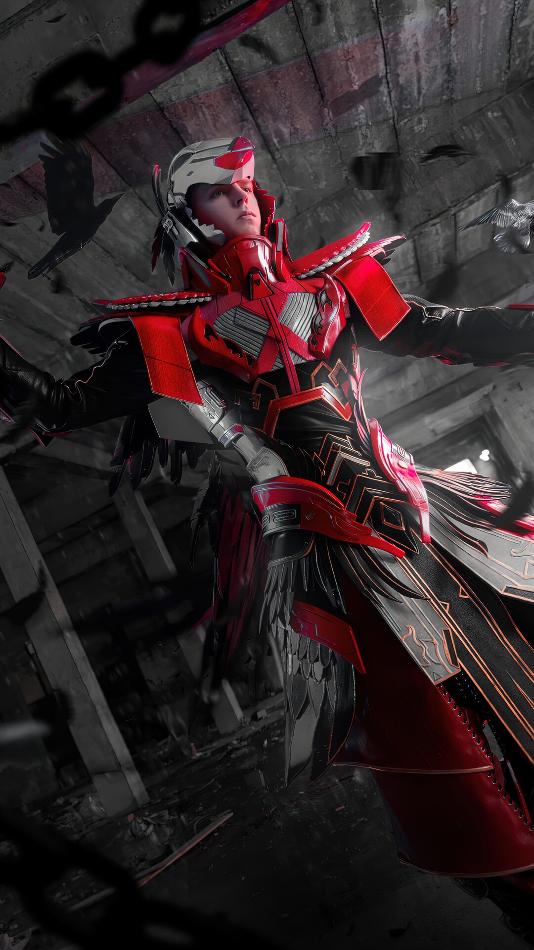 Cosplayer in red and black armor with crows HD Phone Wallpaper