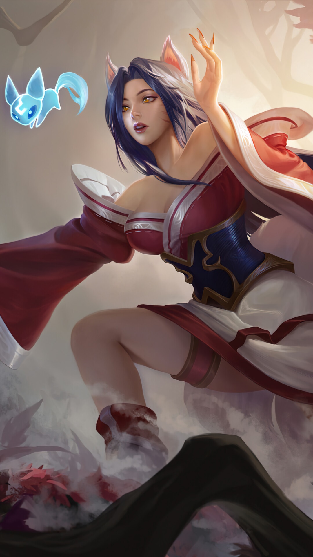 Ahri from League of Legends with a spirit fox HD Phone Wallpaper
