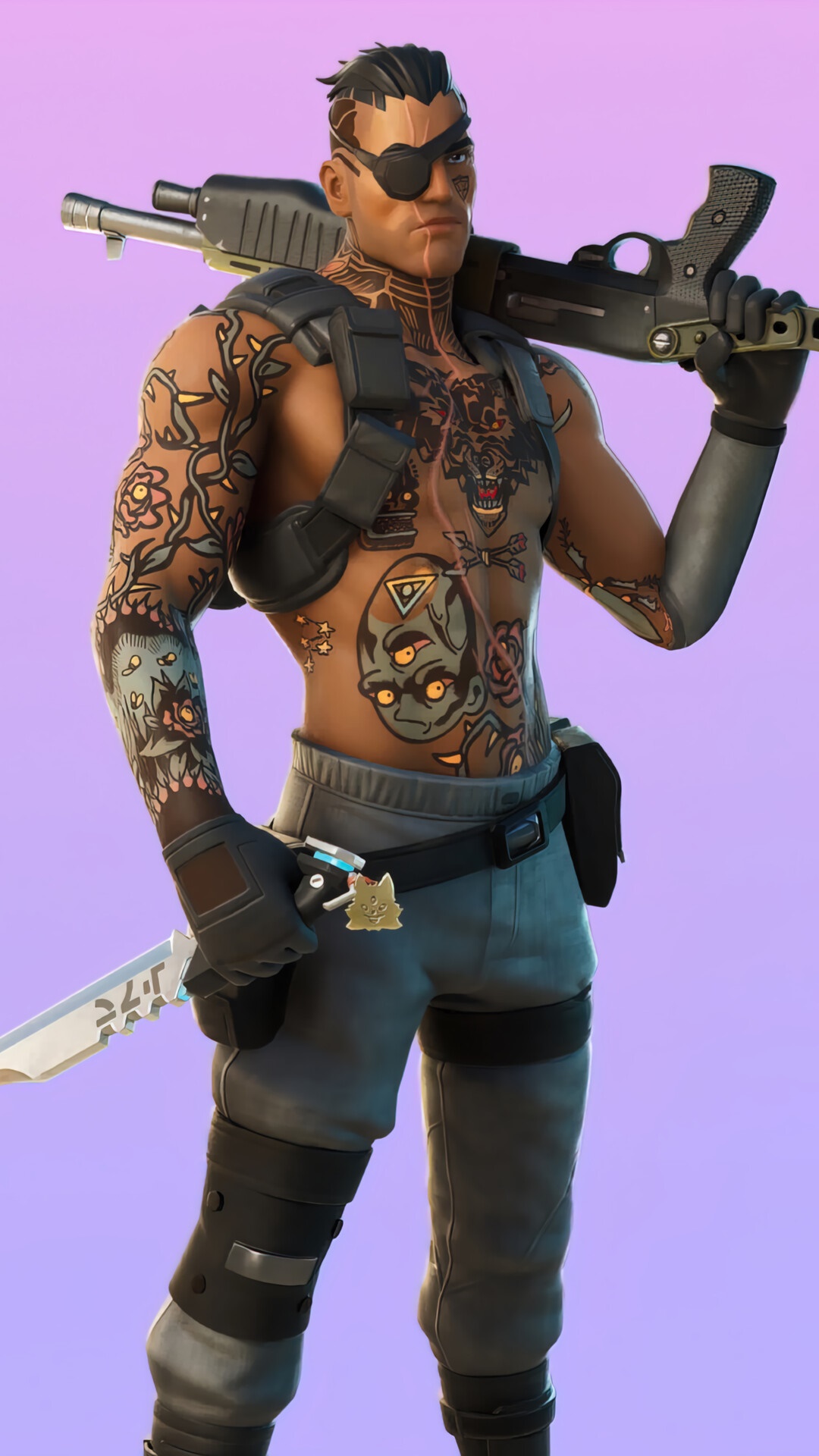 Fortnite character with tattoos and shotgun HD Phone Wallpaper