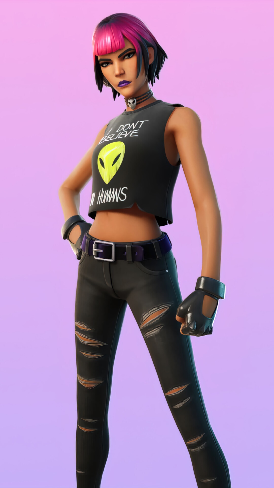 Fortnite character with pink hair and alien shirt HD Phone Wallpaper