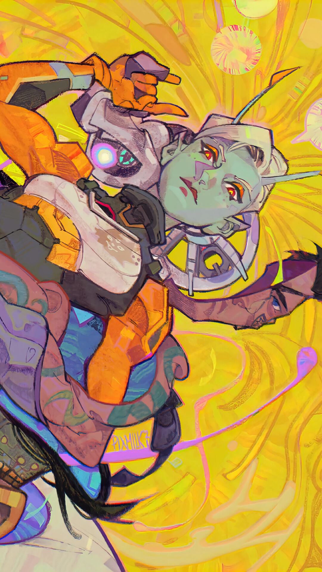 Fortnite characters in a vibrant yellow abstract background HD Phone Wallpaper