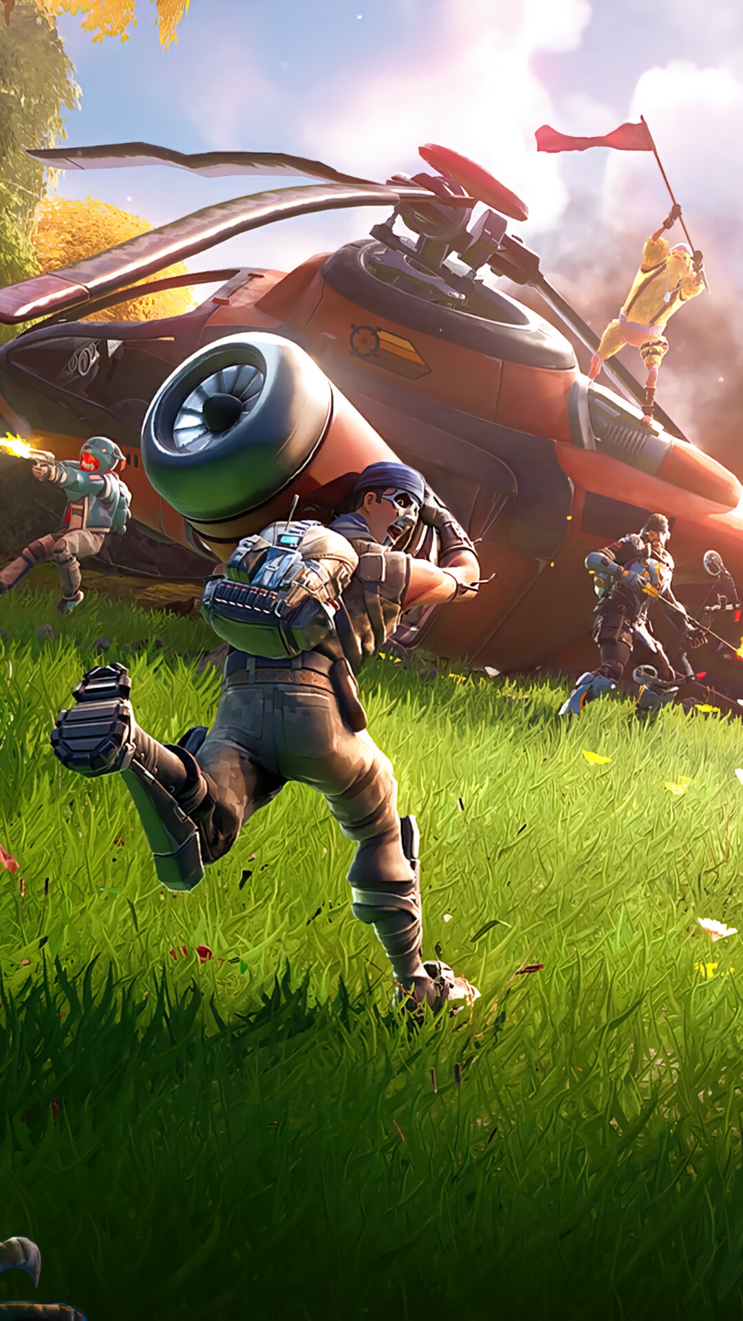 Fortnite characters running near a crashed helicopter HD Phone Wallpaper