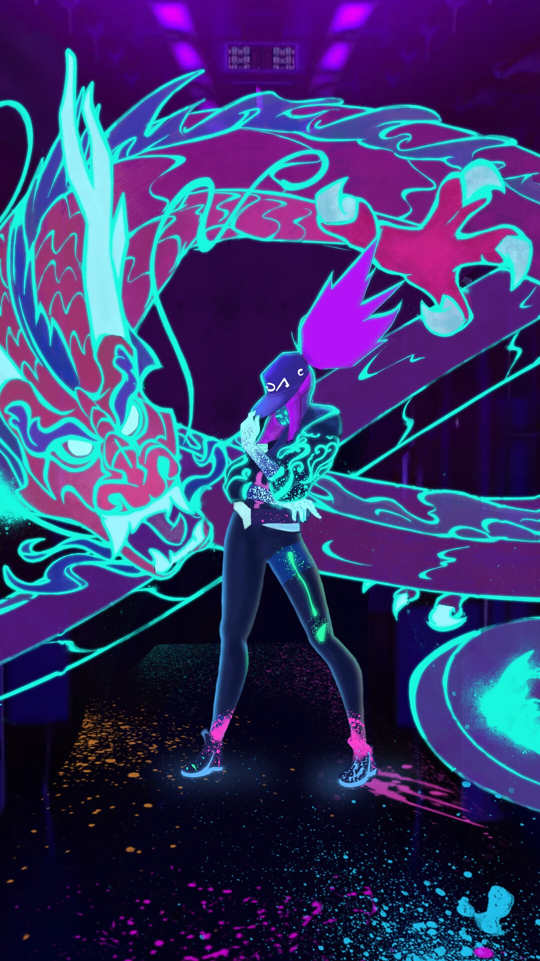 Akali from League of Legends with a neon dragon HD Phone Wallpaper