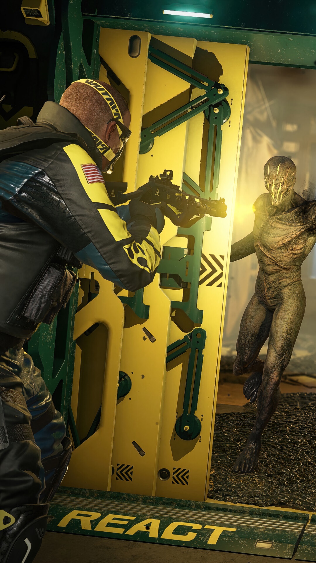 Rainbow Six Extraction REACT operator confronts alien creature HD Phone Wallpaper