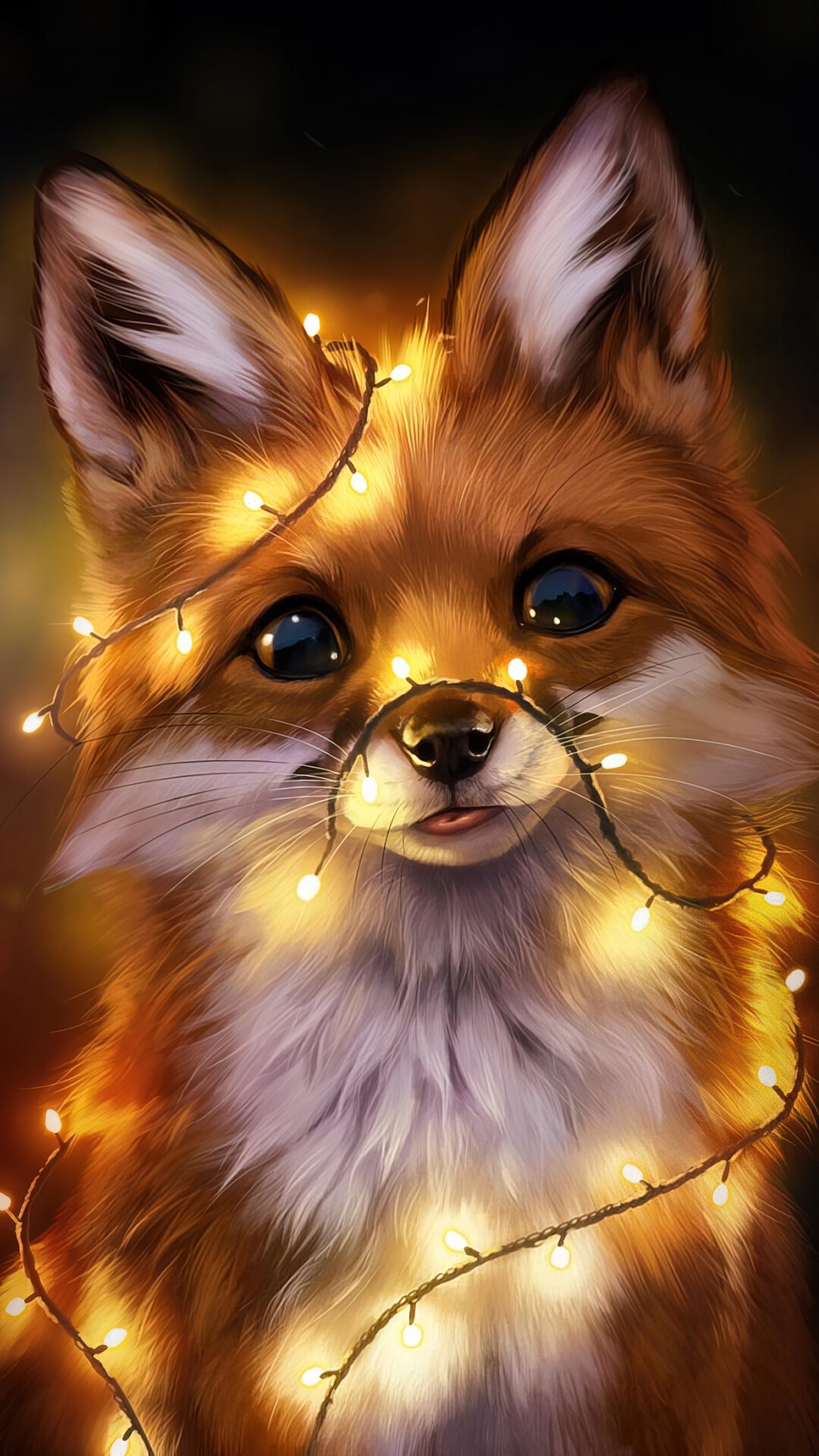 Digital art of a fox with Christmas lights HD Phone Wallpaper