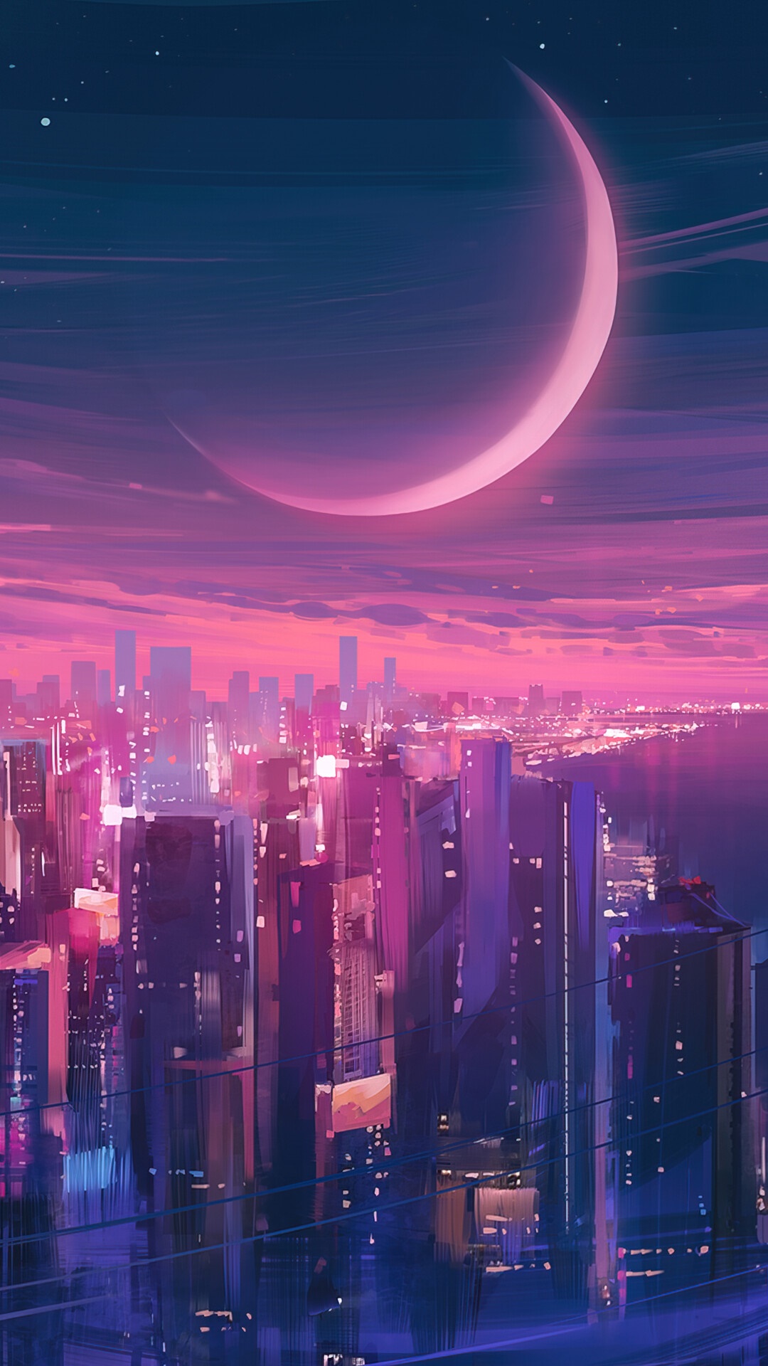 Crescent Moon over a Neon City at Night HD Phone Wallpaper