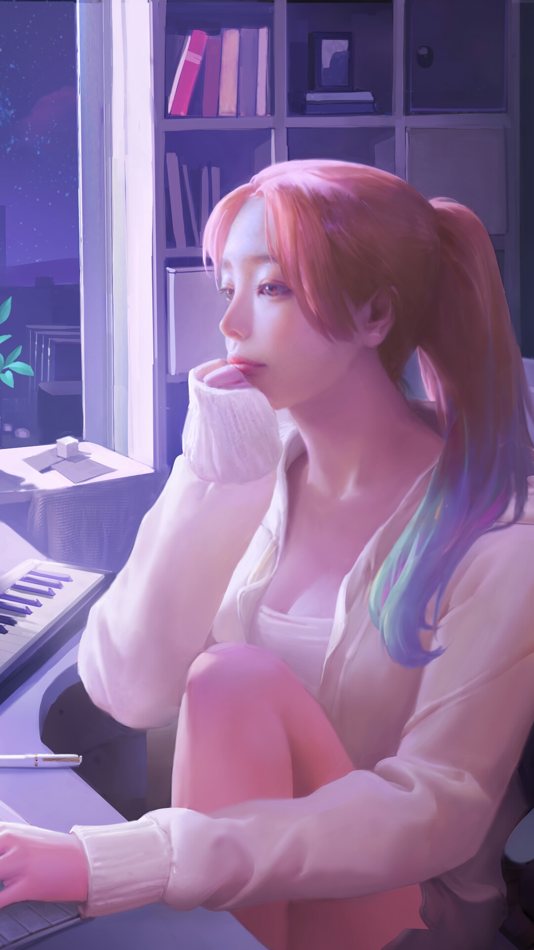 Girl with pink hair at a computer at night HD Phone Wallpaper