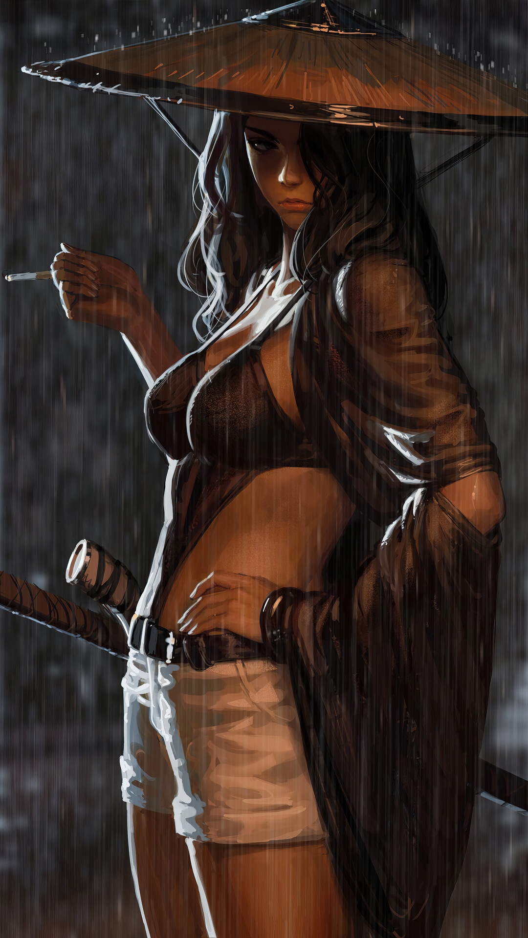 Woman in conical hat smoking in the rain with sword HD Phone Wallpaper