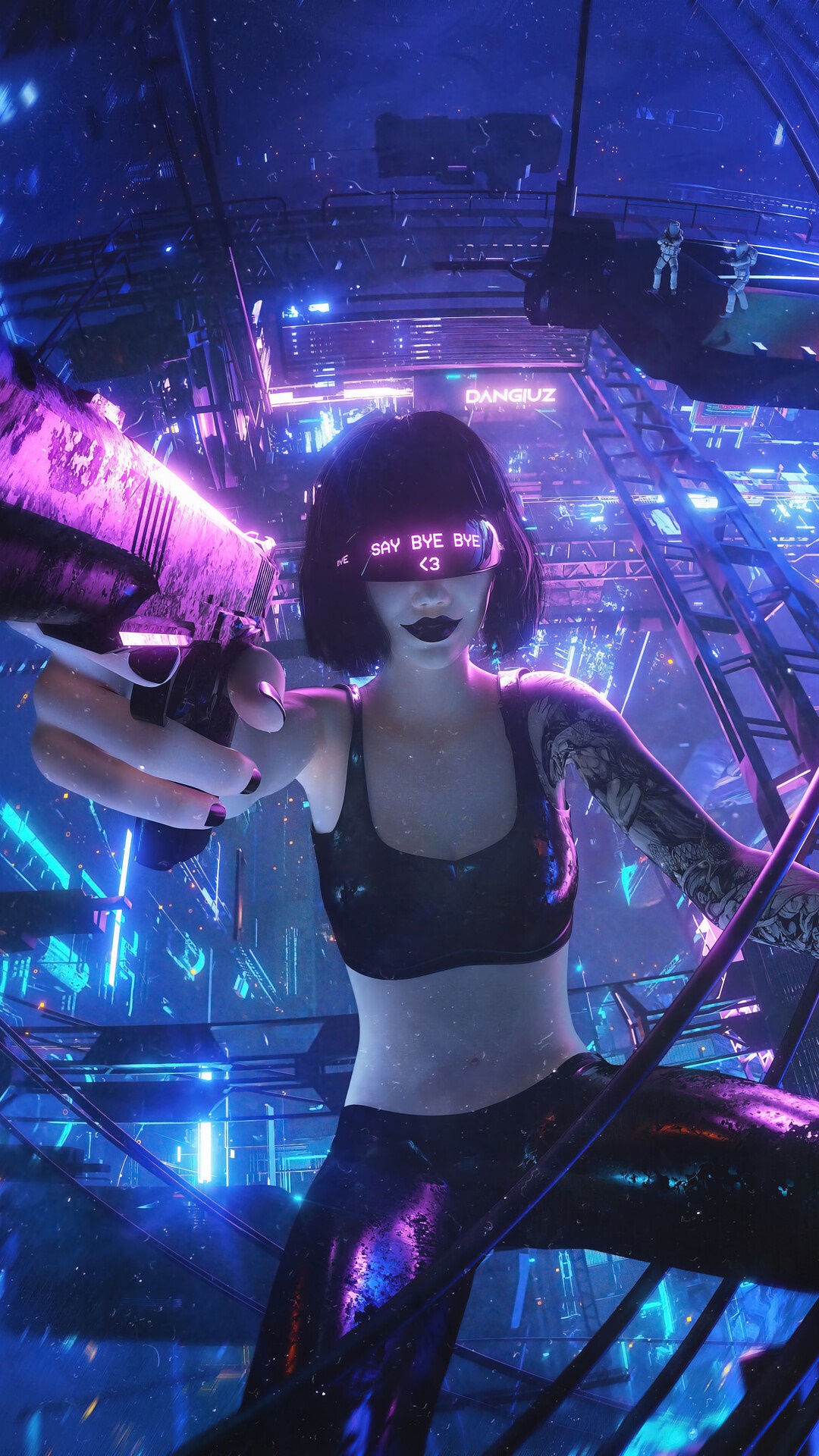 Girl with gun in a cyberpunk city HD Phone Wallpaper