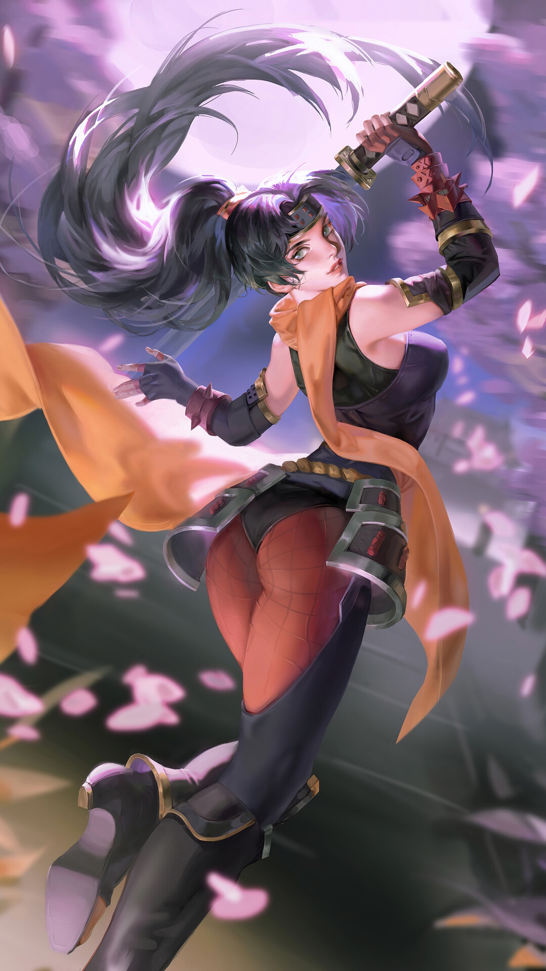 Ninja girl with katana and orange scarf HD Phone Wallpaper